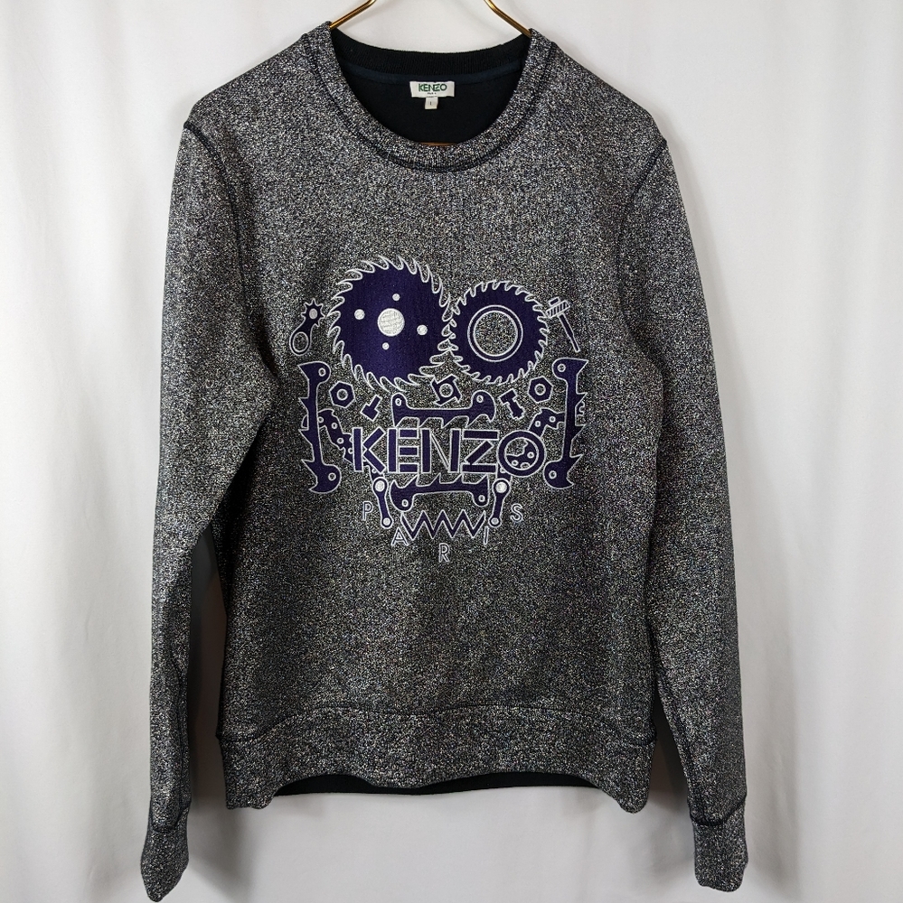 Kenzo Paris Glitter Metallic Silver Purple Sweatshirt Embroidered Gears Sz Large